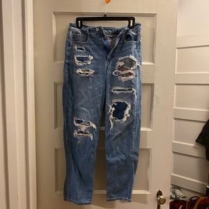 Baggy ripped ankle jeans with flannel panels